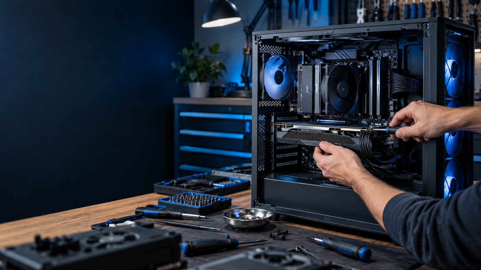 Desktop computer being carefully serviced at a clean workbench